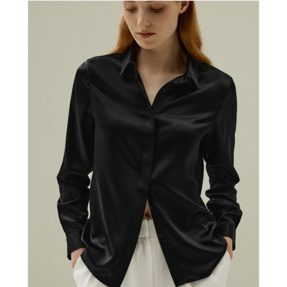NWT Lilysilk Basic Concealed Placket Silk Shirt Black Long Sleeve Med